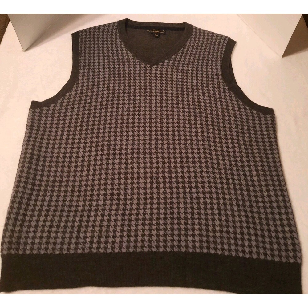 Club Room Mens L Houndstooth Merino Wool Blend Sweater Vest Gray Pullover Preppy